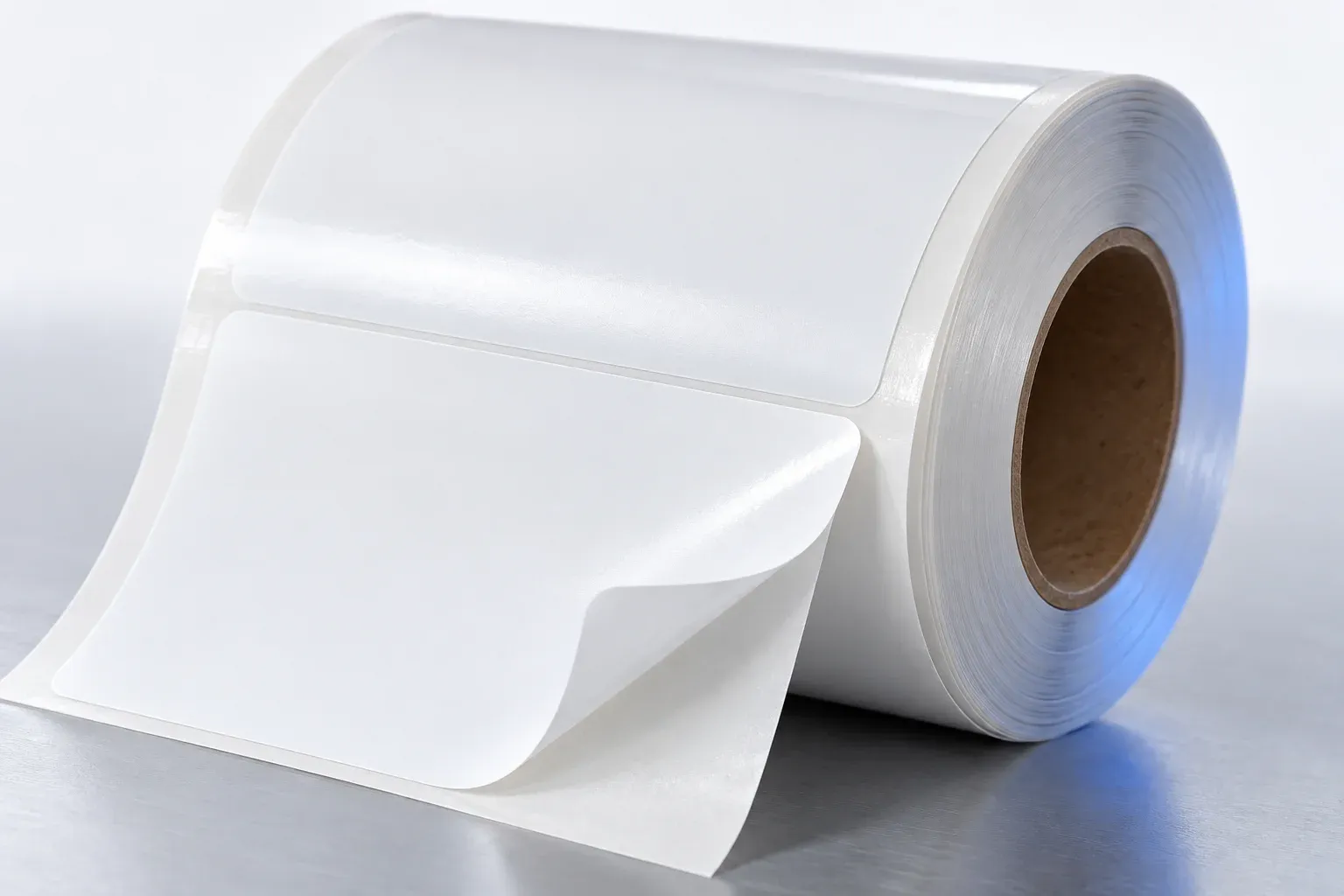 Detalle ilustrativo de una bobina de etiquetas blancas de BOPP.