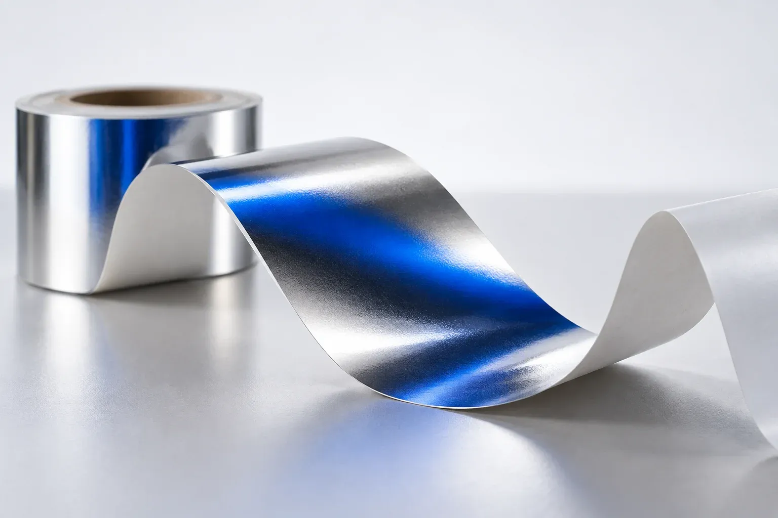 Muestra de material metalizado plateado con reflejos azules.