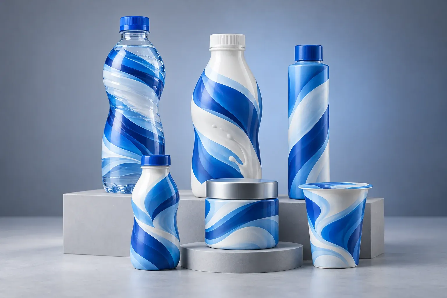 Envases de distintas formas con mangas retráctiles azules y blancas que se ajustan a su contorno.