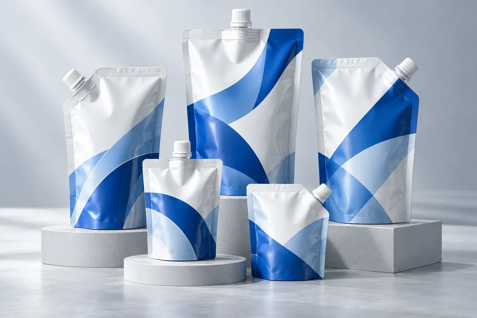 Bolsas flexibles con boquilla y tapa de rosca, con diseños azules y blancos.