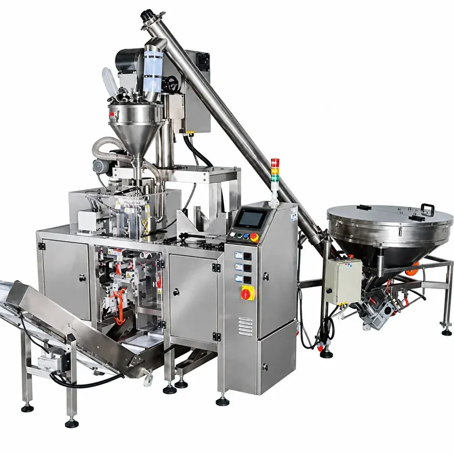 Llenadora de productos en polvo con tolva, alimentador inclinado y sistema de empaque.